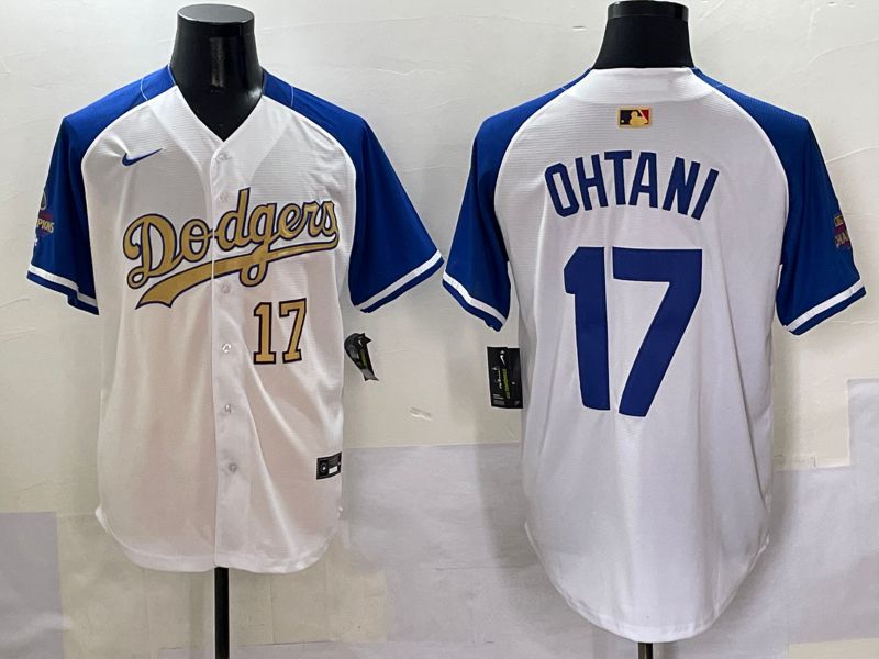 Men Los Angeles Dodgers 17 Ohtani White Blue Champion gold character Nike 2025 MLB Jersey style 50512